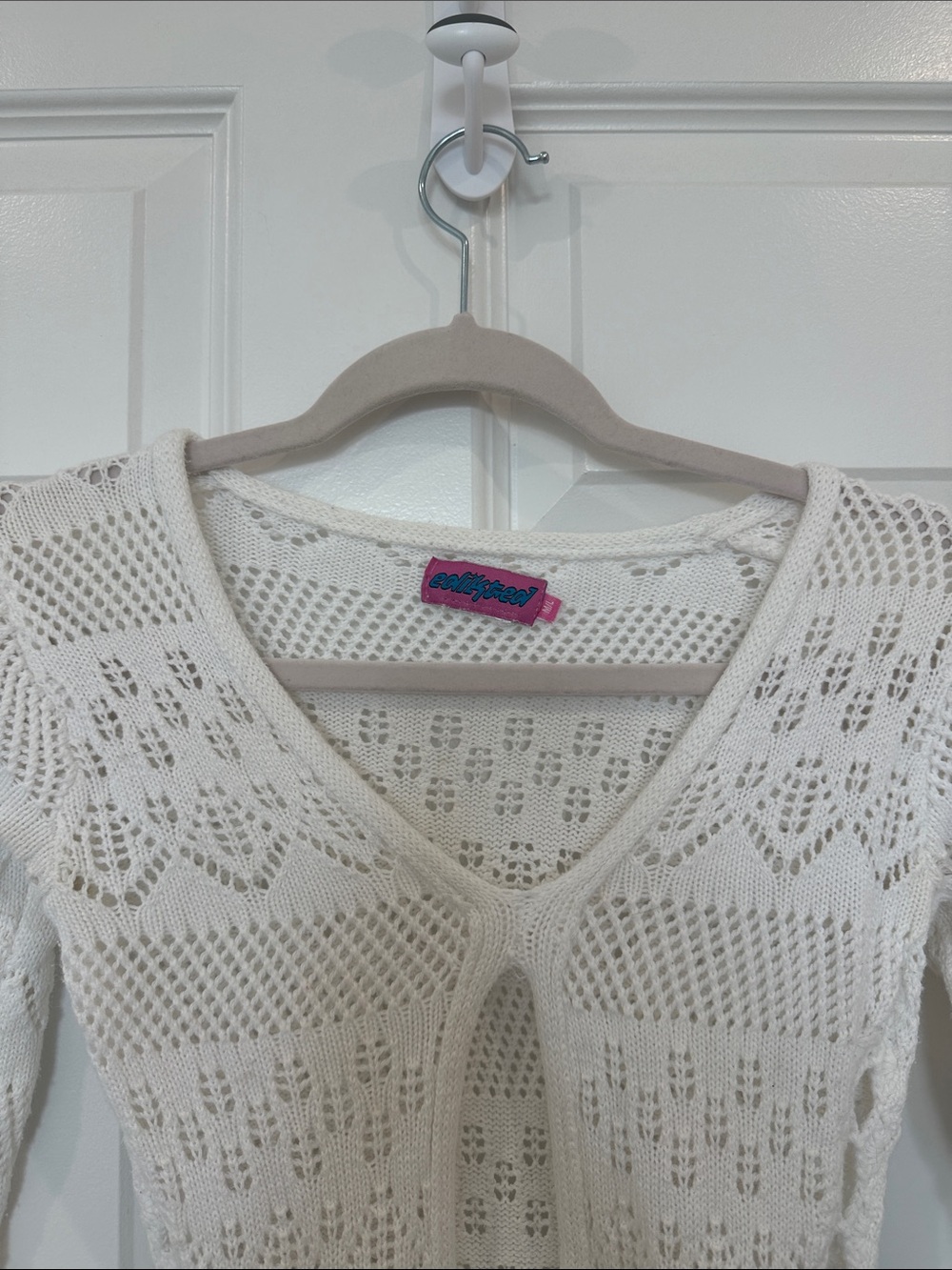 Edikted Cream Long Sleeve Crochet V‑Neck Knit Coverup Dress - Picture 2 of 5